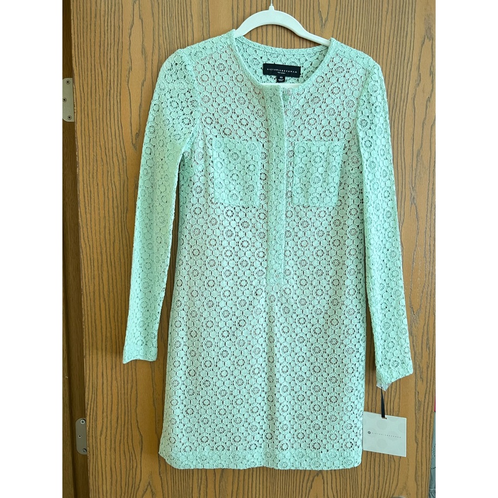 NWT Victoria Beckham Mint Green Long Sleeve Lace Dress - XS